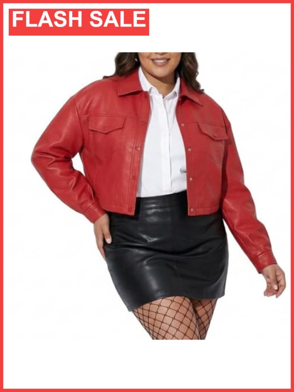 Plus Size Faux Leather Cropped Biker Jacket Point Collar Button Cuffs